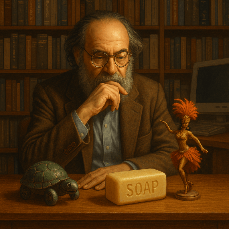 Ai generated image in ChatGPT displaying three themes Papert's development of constructionism. The Tutle Program, Soap Sculptures and Samba Schools.  